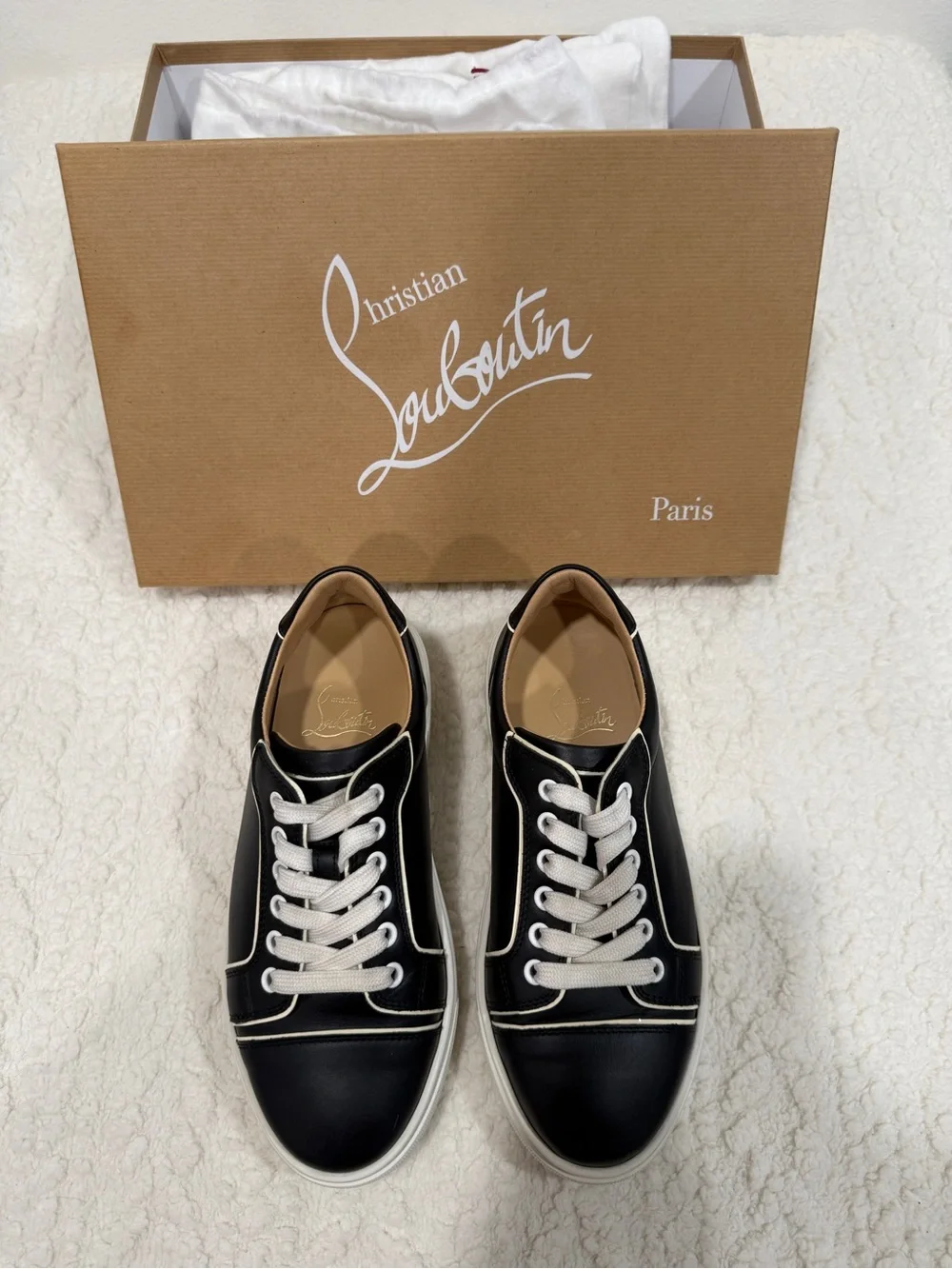 Women’s Christian Louboutin Black and White Low-Top Sneakers with Red Sole